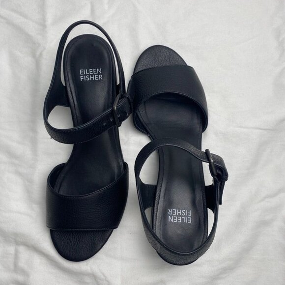 Eileen Fisher Black Pebbled Leather Ankle Strap Sandals With Block Heel Size 7.5 - Picture 3 of 7